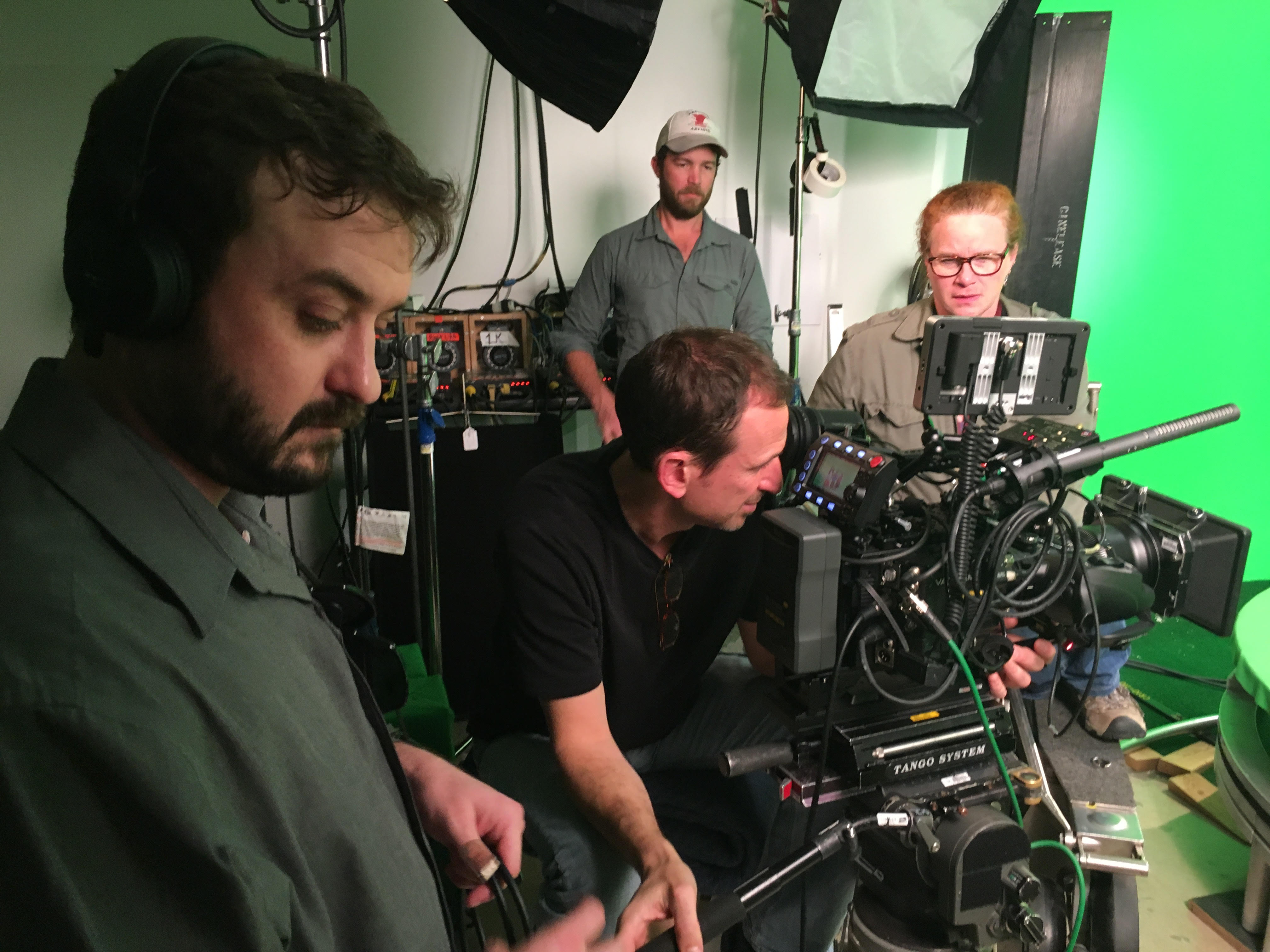 Behind the scenes — the crew on a green screen shoot